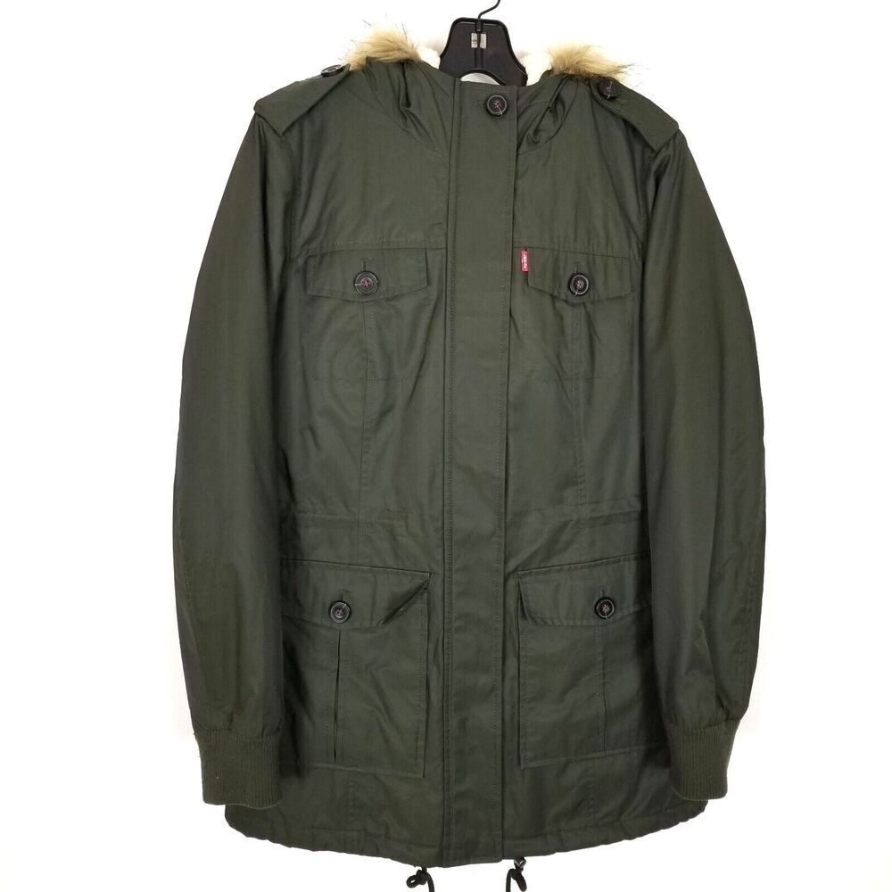 Levis Jacket Womens  Green Faux‎ Fur Hooded Sherpa Lined Nylon Parka Sz M